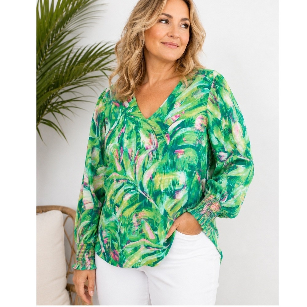 Belle by Kim Gravel 1X Tropical Palm Print Modal Cotton V-Neck Smocked Cuff Top